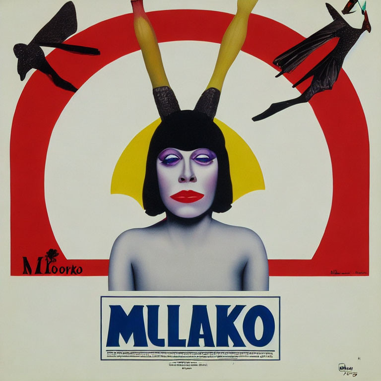 Abstract surreal poster featuring stylized woman's face, red and white target backdrop, black horns, yellow