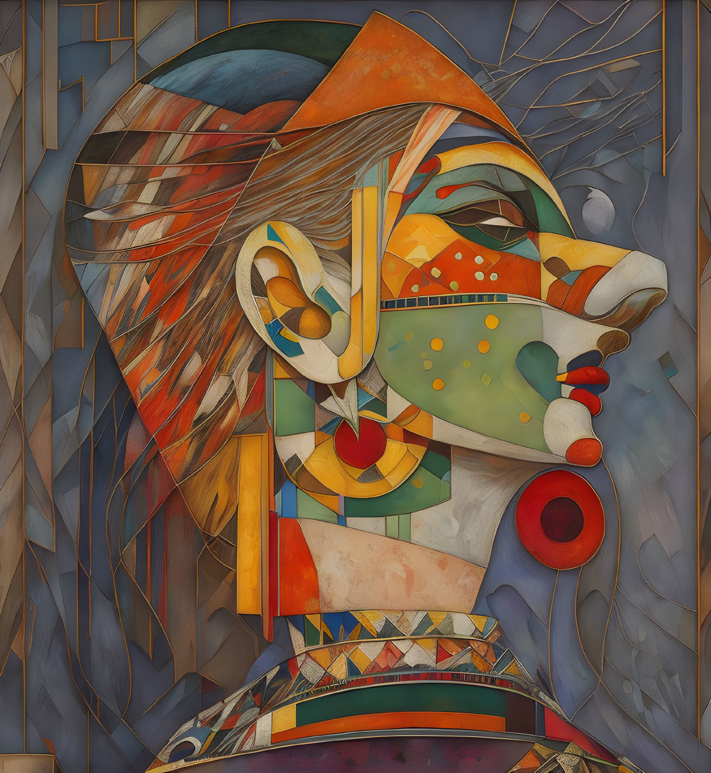 Abstract cubist portrait with colorful geometric shapes and patterns.