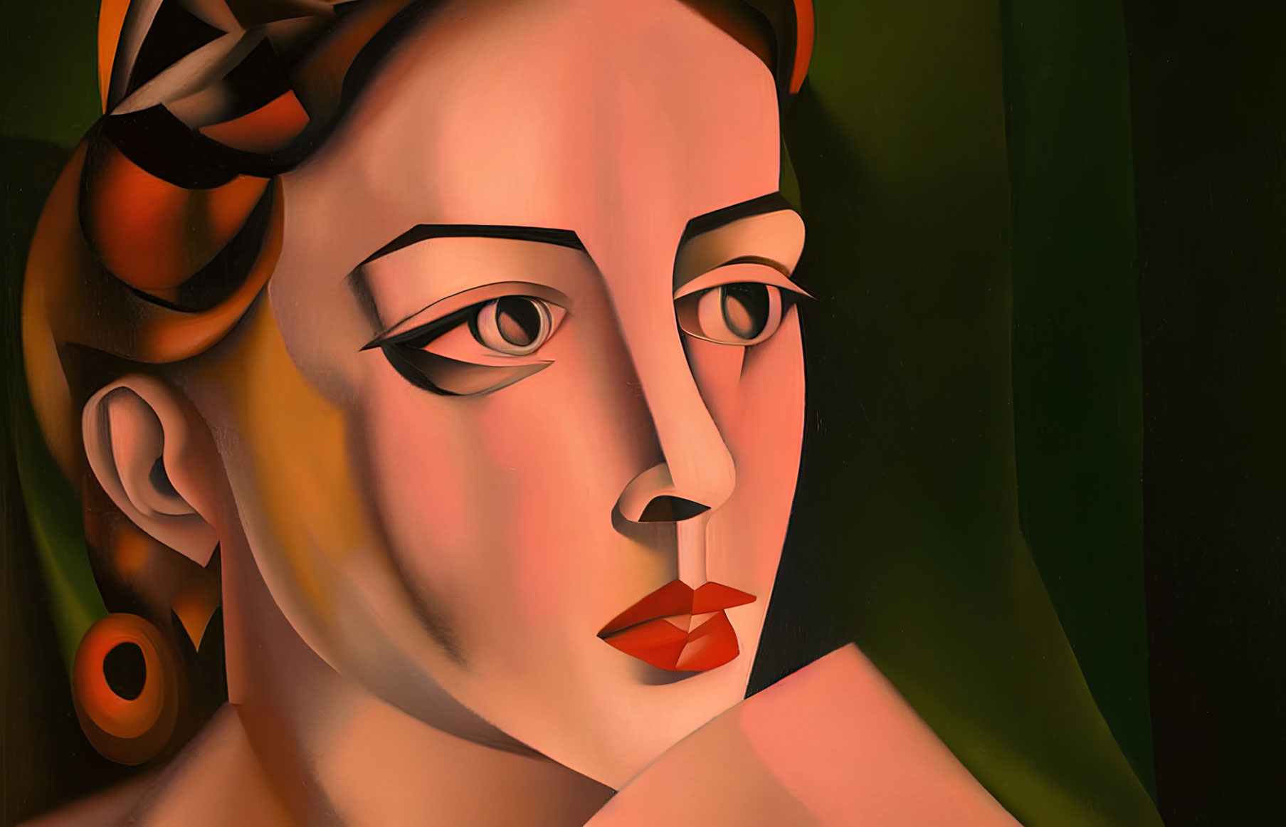 Stylized woman with red lips in close-up painting portrait