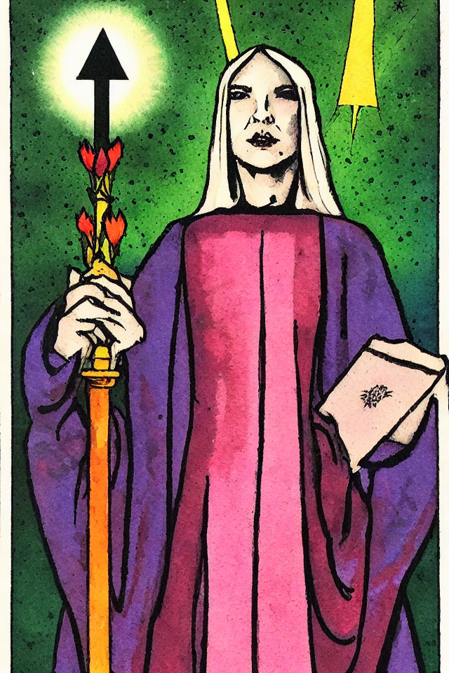 Illustration of person in purple robe with staff and book on green background