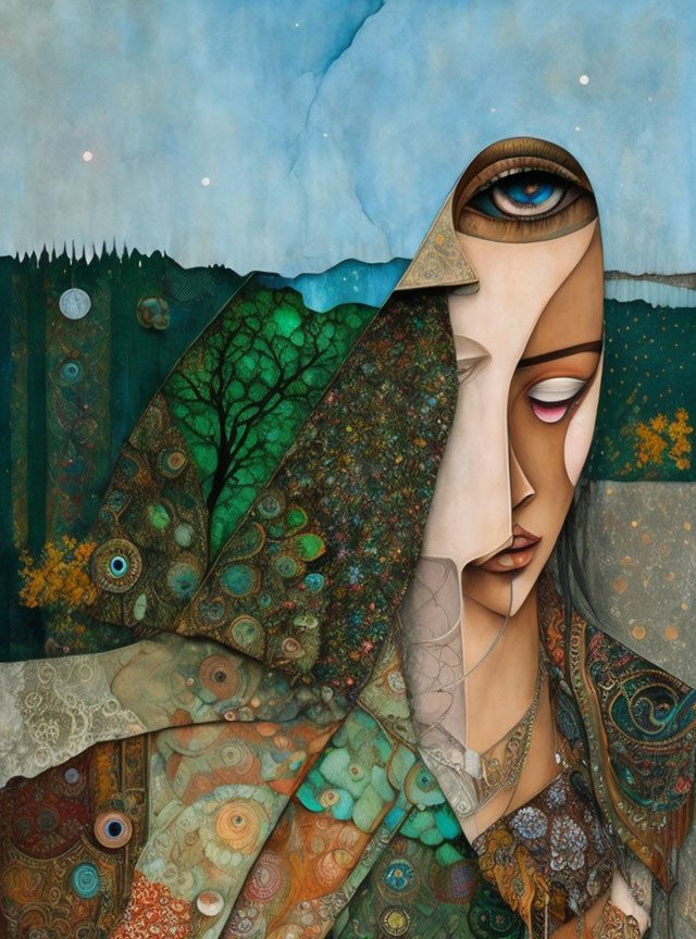 Surreal portrait of woman with overlapping faces and peacock feather motif