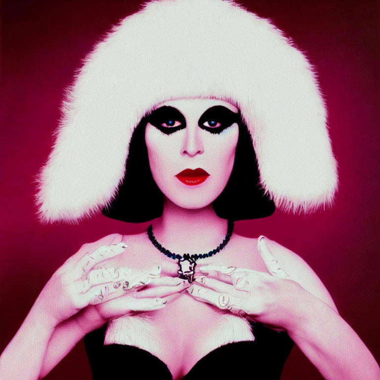 Person with dramatic makeup, white furry hat, dark lipstick, black necklace on pink background