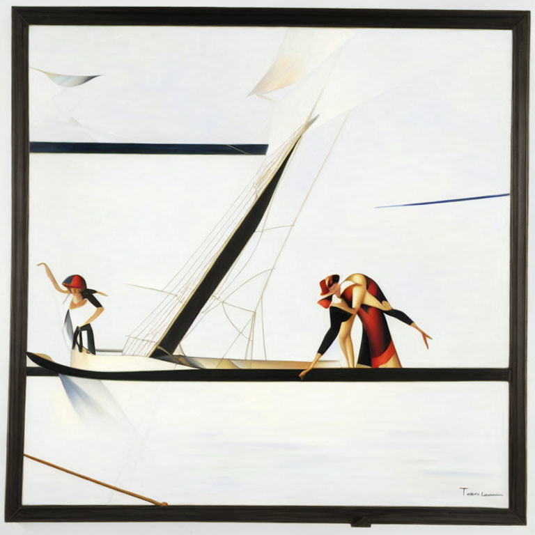 Surrealist painting of two figures rowing on flat water