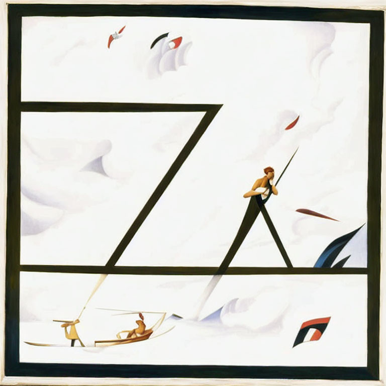 Abstract painting: Person balancing on geometric shapes with sailboats in surreal composition