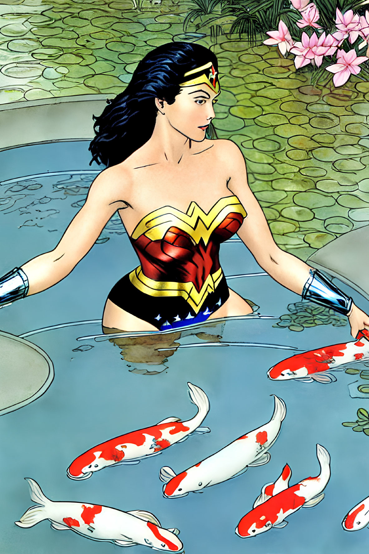 Wonder Woman kneeling by pond with koi fish, lily pads, and pink flowers