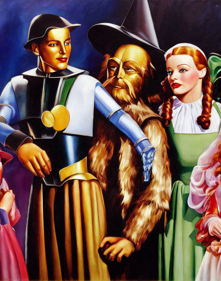 Vibrant illustration of Tin Man, Cowardly Lion, and Dorothy in iconic costumes