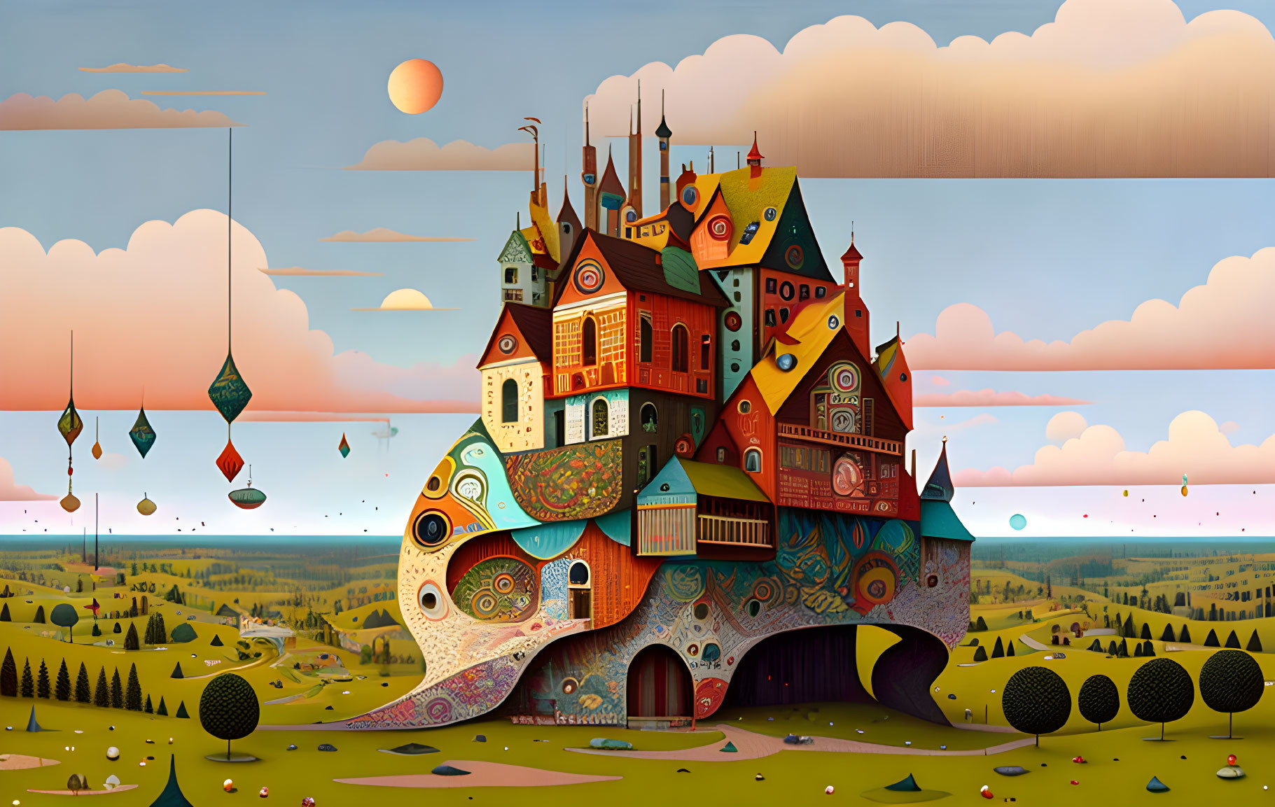 Colorful Whimsical Landscape with Oversized Fantastical House