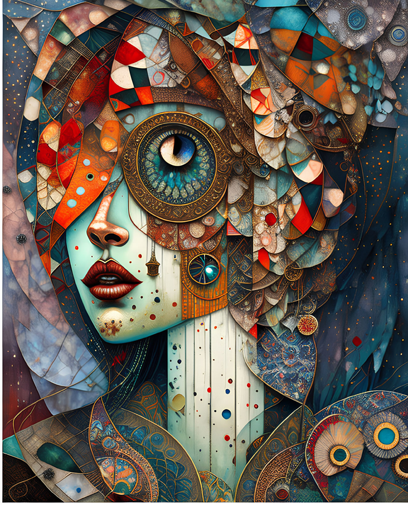 Vibrant surreal digital artwork of a detailed face with intricate patterns and textures