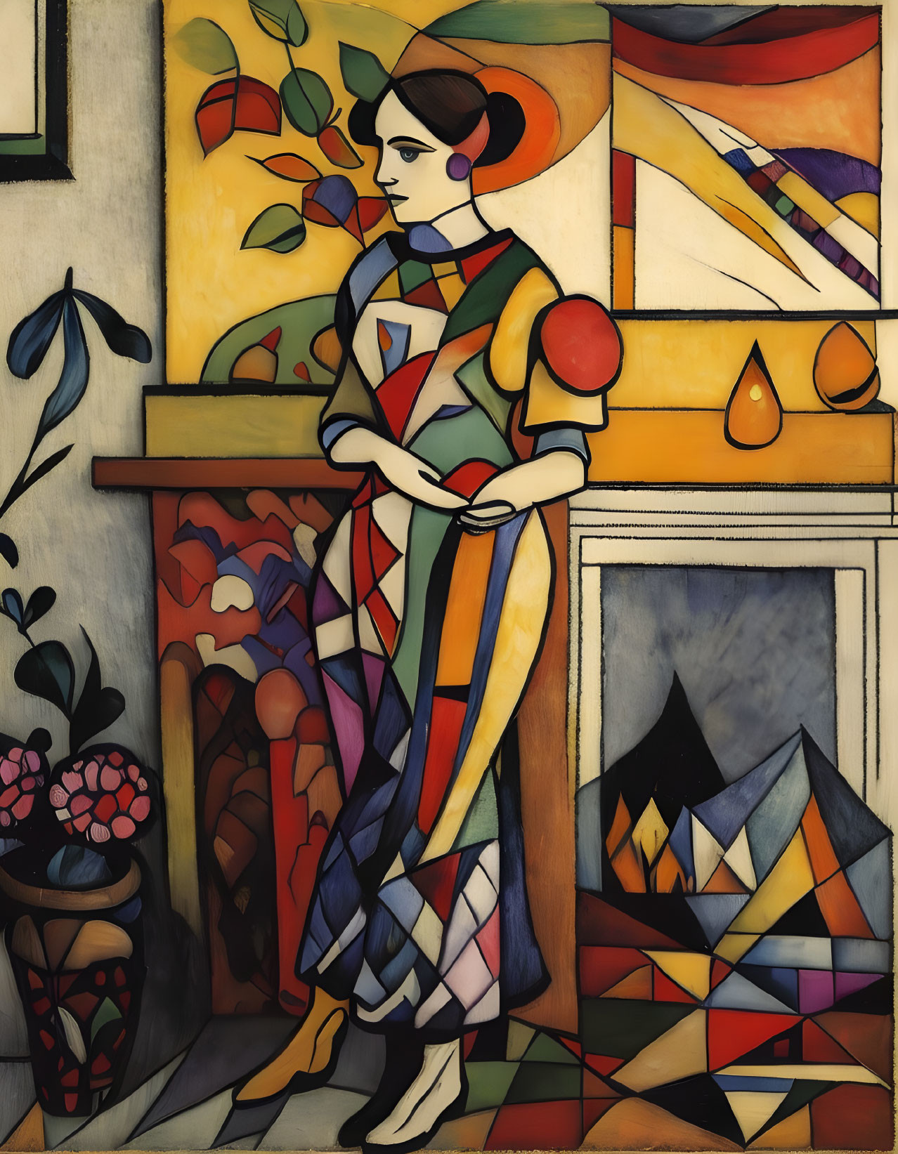 Abstract painting: Stylized female figure in geometric dress by fireplace