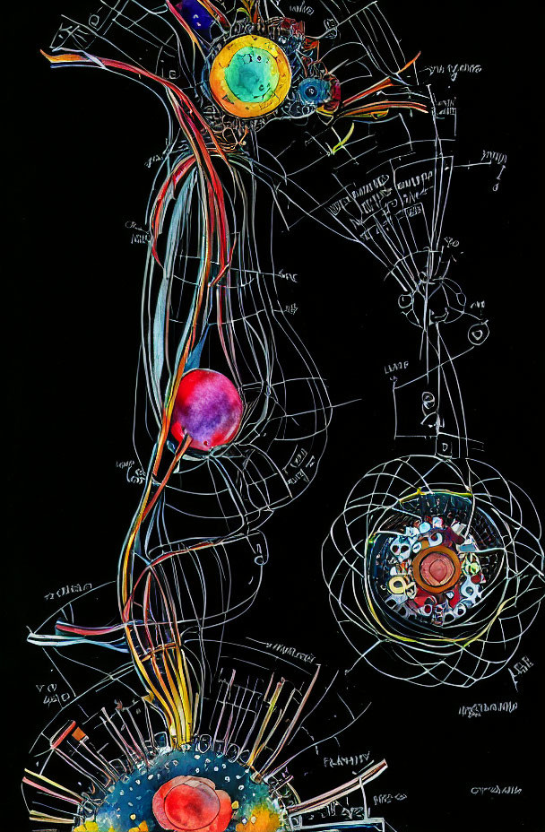 Colorful Anatomical Illustration with Labeled Structures on Black Background