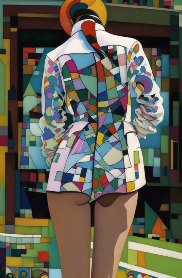 Vibrant geometric painting of woman in patchwork blazer and hat