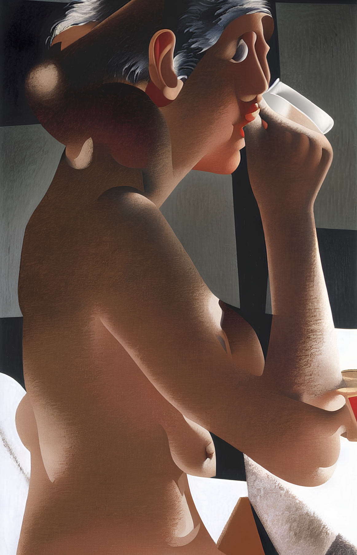 Stylized painting of woman drinking with sharp contrasts