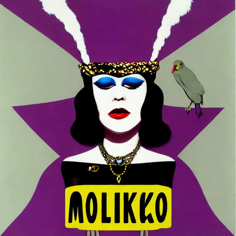 Illustration of woman with bunny ears, mask, parrot on shoulder, purple starburst background.