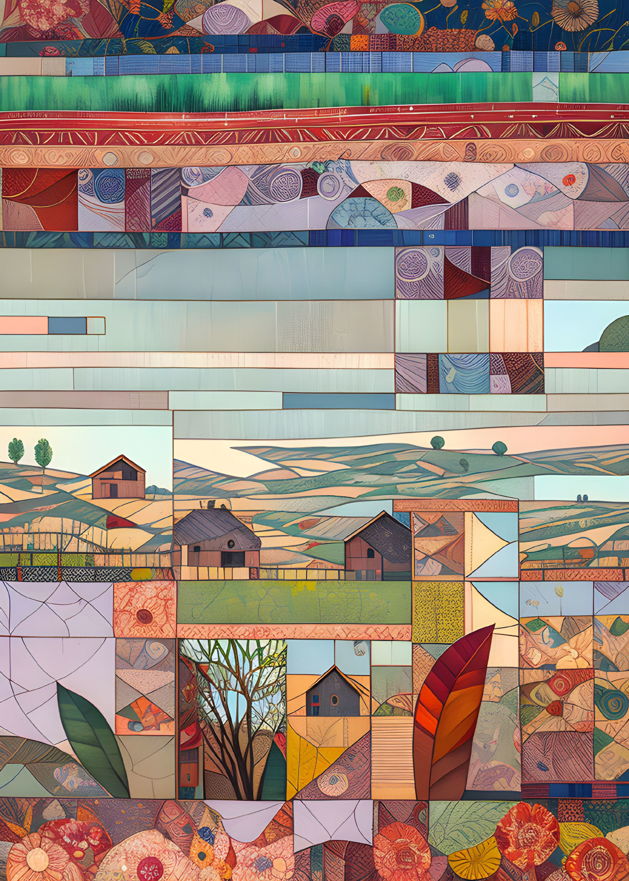 Geometric Collage-Style Illustration of Layered Landscapes