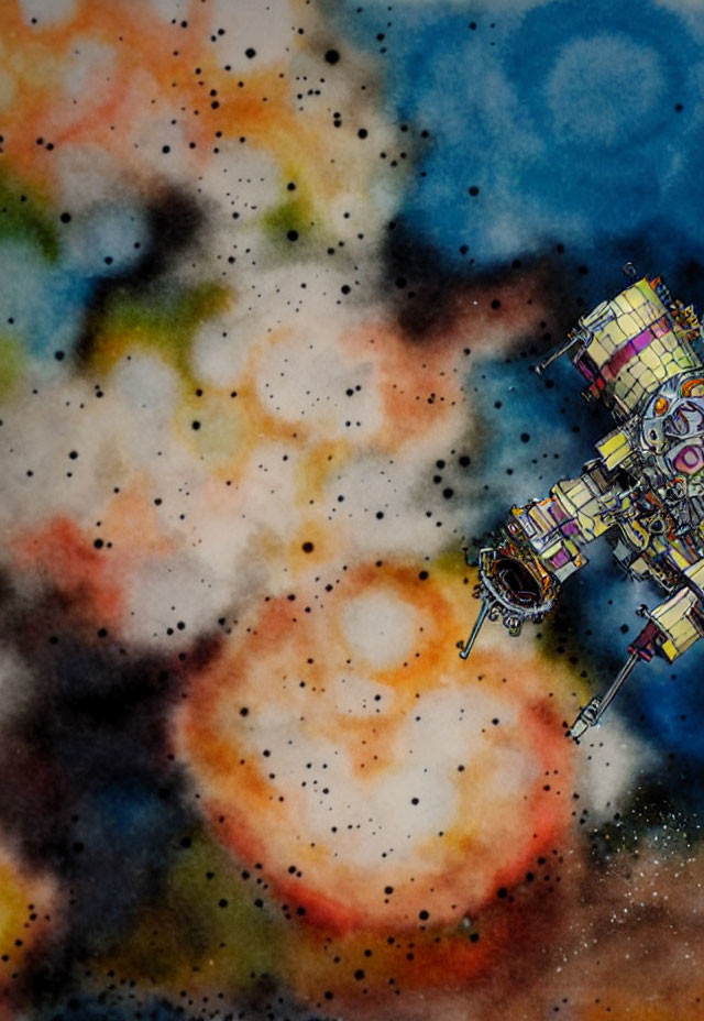 Colorful Celestial Scene with Space Station and Stars in Watercolor