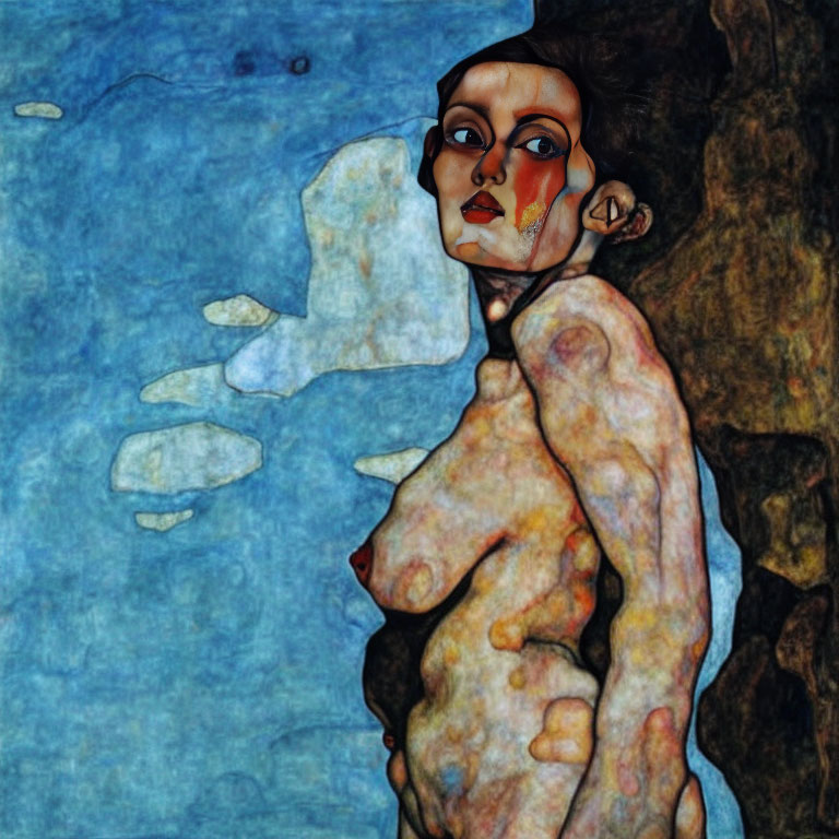Intense gaze woman merges with abstract blue-brown rocky background