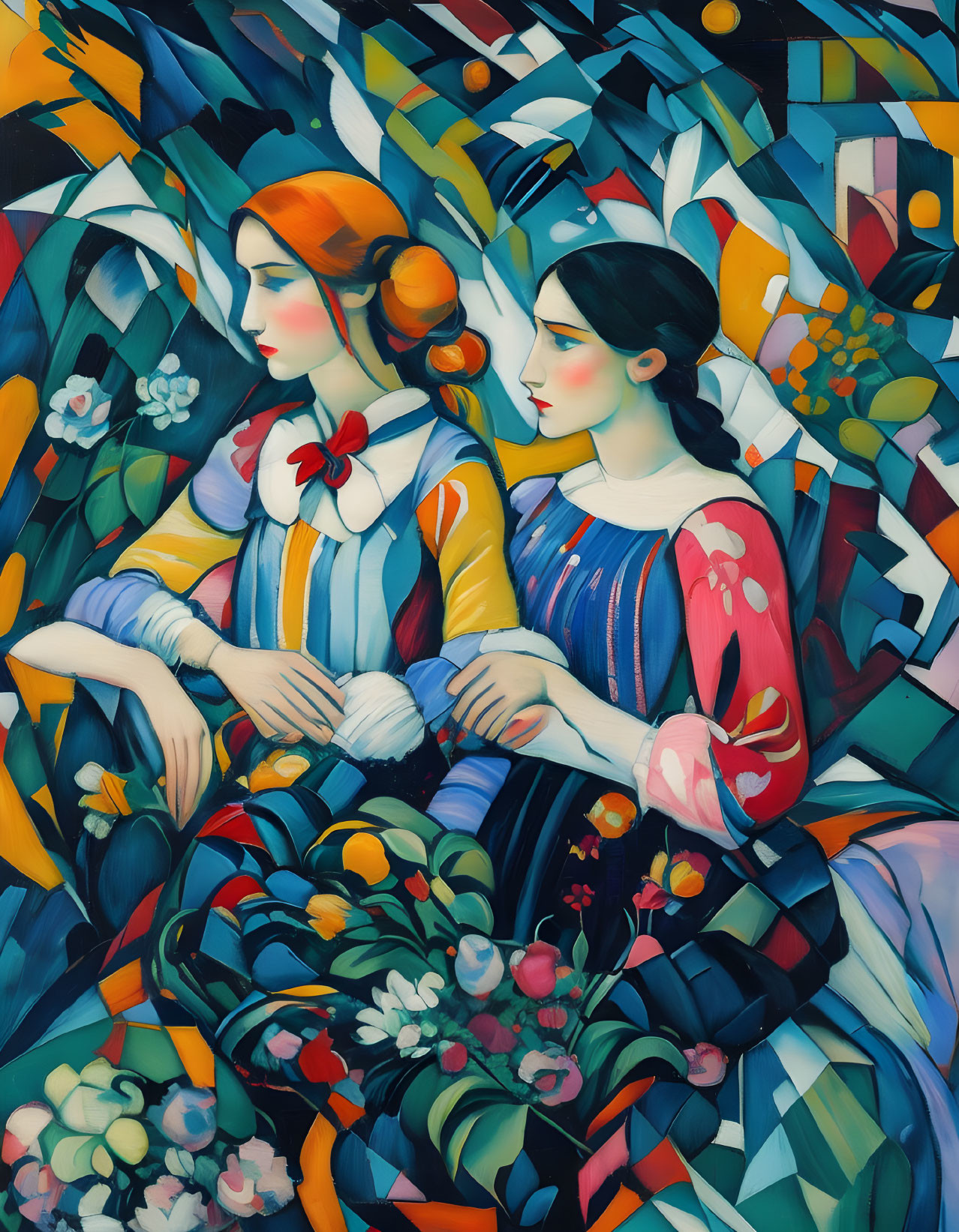 Colorful Cubist-Style Painting of Two Women Amid Floral Patterns