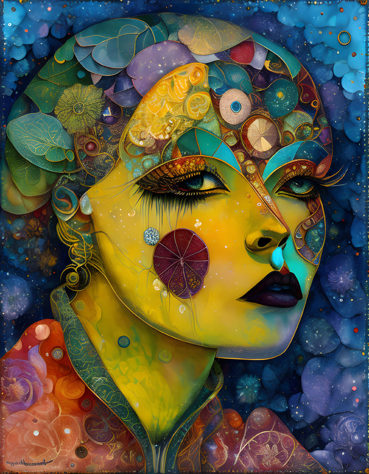 Colorful surreal portrait of a woman with mosaic patterns on face in cosmic setting