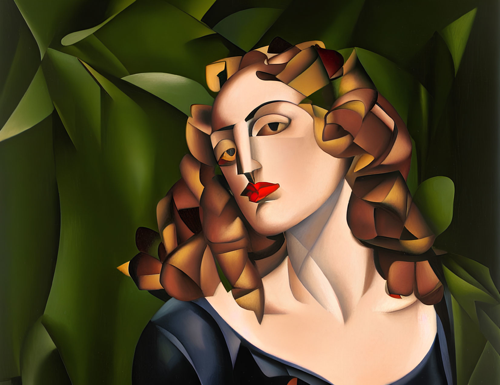Stylized portrait of woman with leaf-shaped hair and red lips in green foliage.