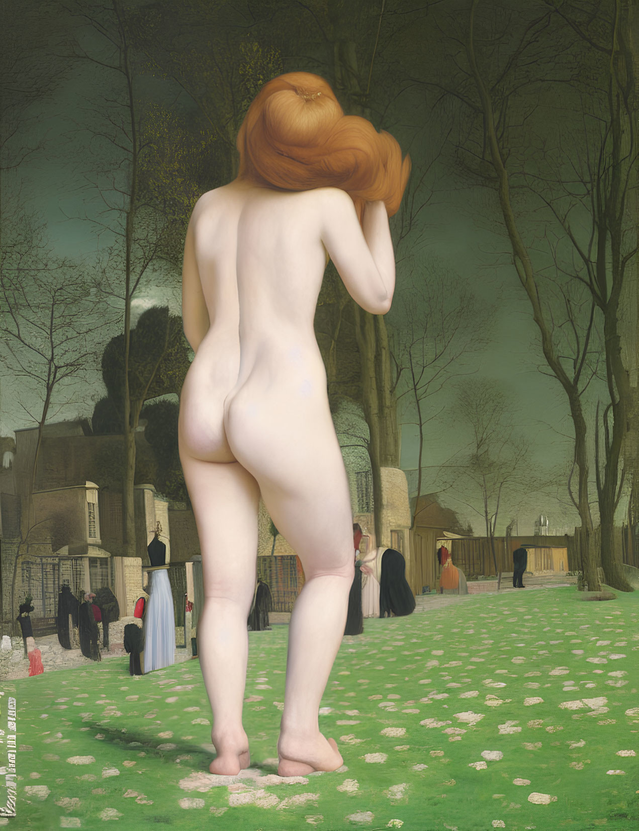 Red-haired nude woman in grassy field facing clothed crowd in park