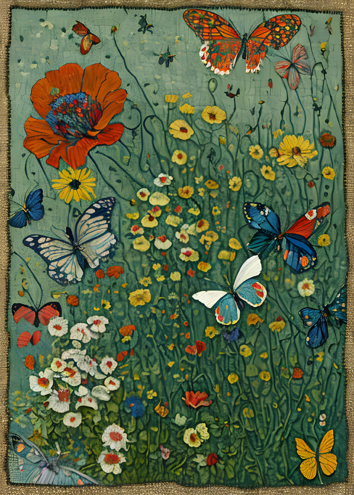 Colorful Vintage Wildflower Meadow with Butterflies on Textured Background