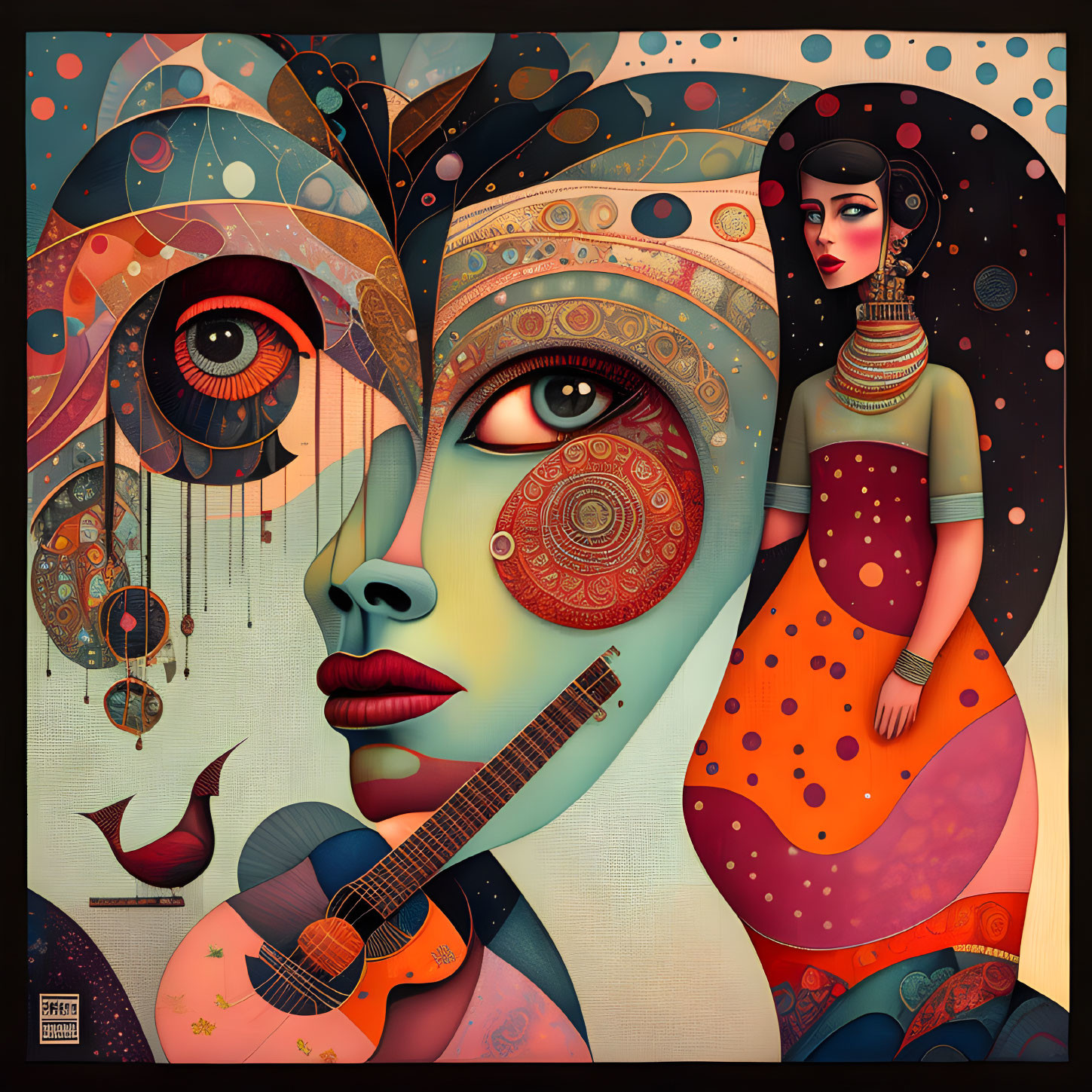 Vibrant surreal artwork with abstract woman faces and intricate patterns
