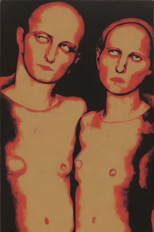 Pale-skinned figures in muted red tones against dark backdrop