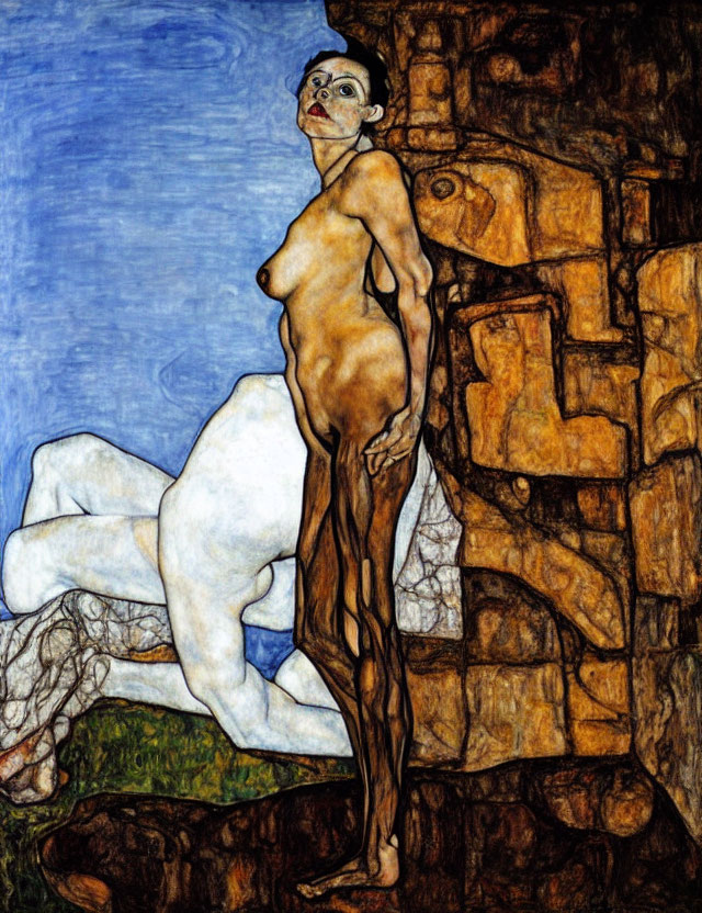 Nude figure against stone wall with blue sky