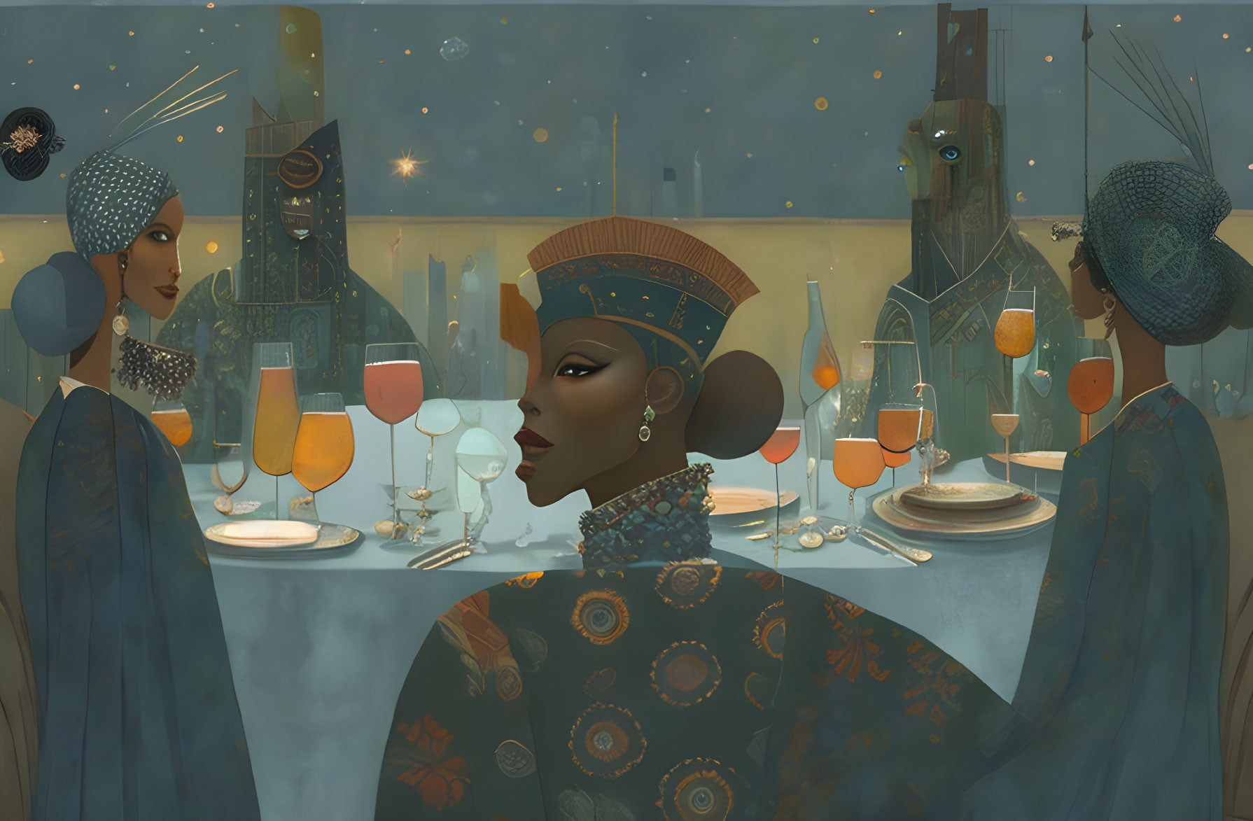 Elegantly dressed individuals at dinner table with futuristic cityscape.