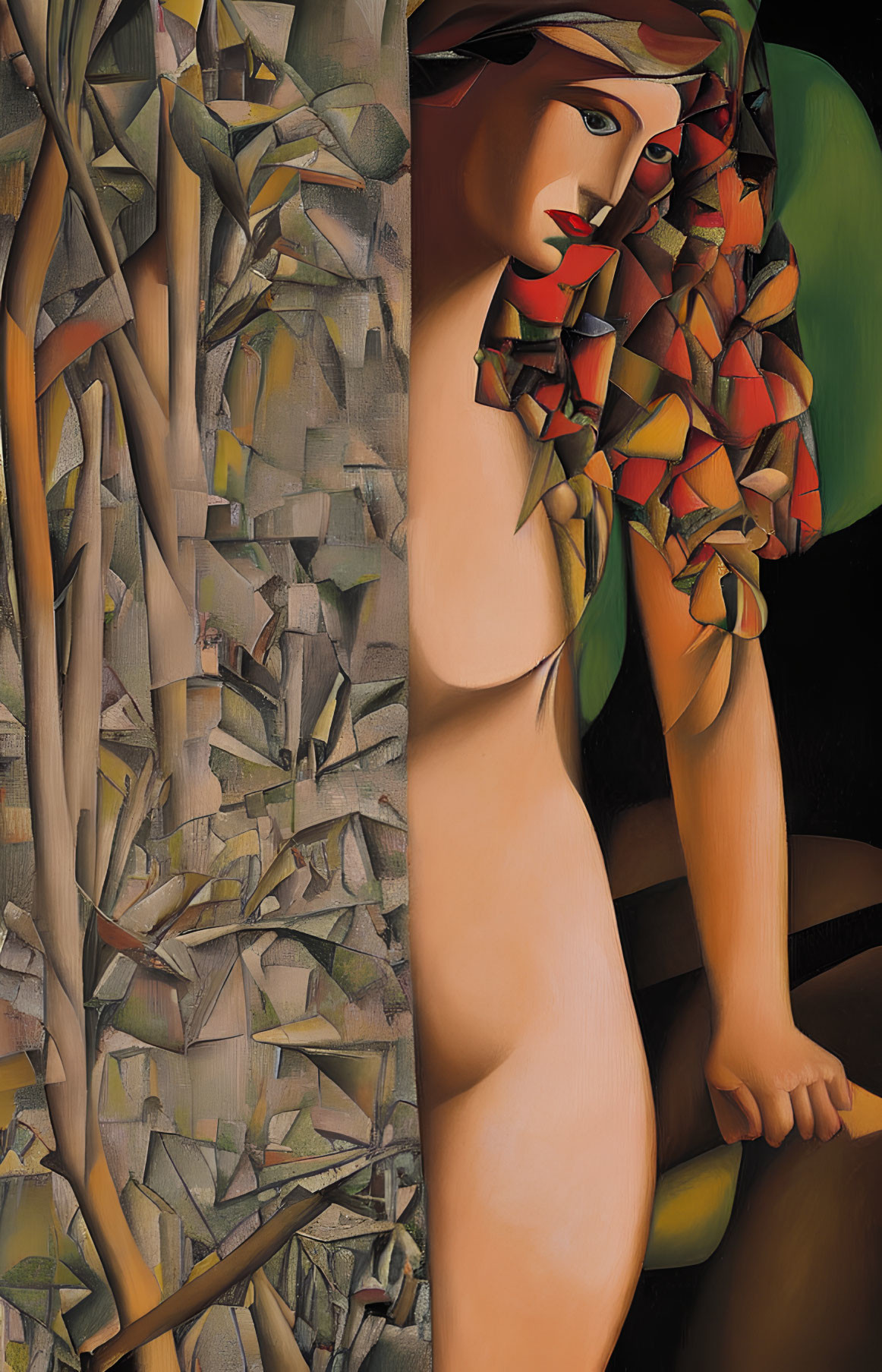 Stylized nude female figure with red cap in geometric woodland setting
