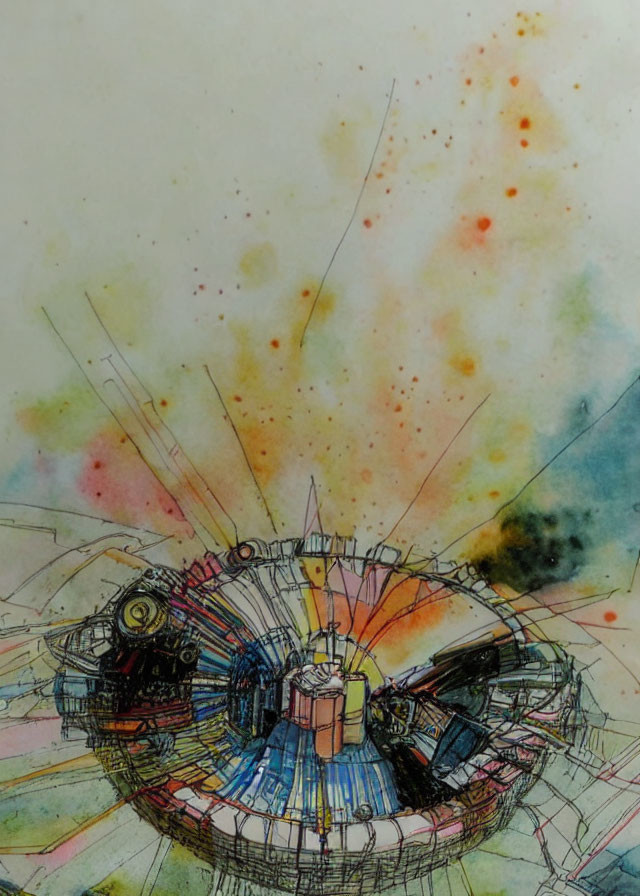 Circular Machine-Like Structure in Abstract Watercolor Art