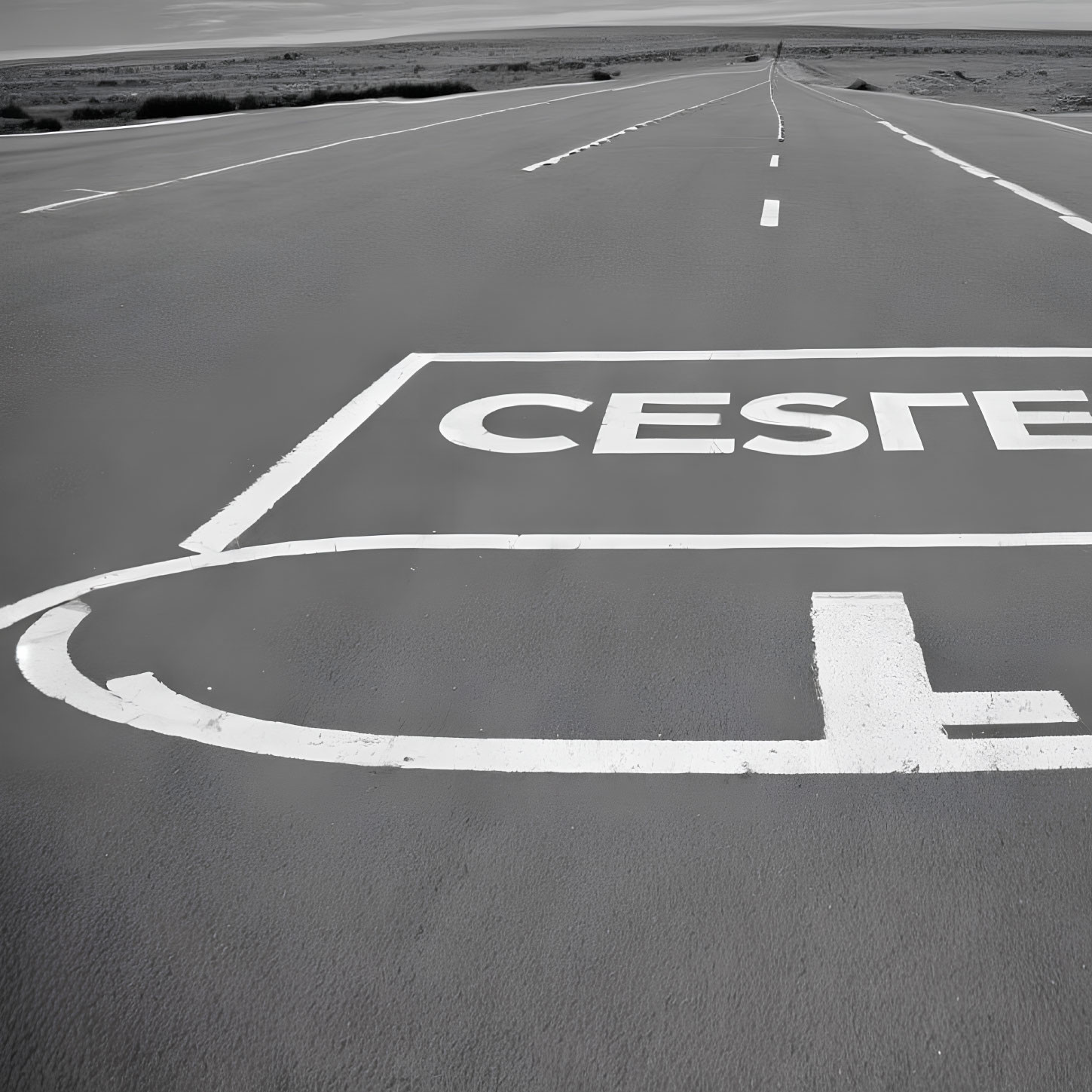 Monochrome photo of road markings with partial letters and arrow on empty tarmac
