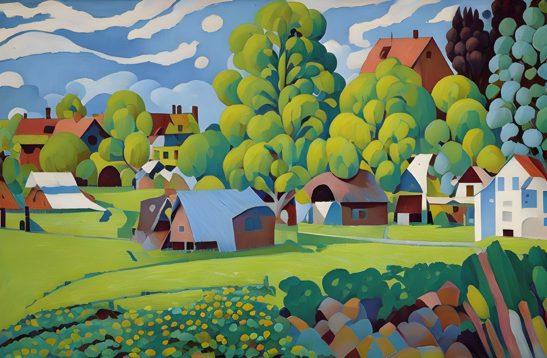 Colorful Stylized Painting of Rural Landscape with Rounded Trees and Patterned Fields