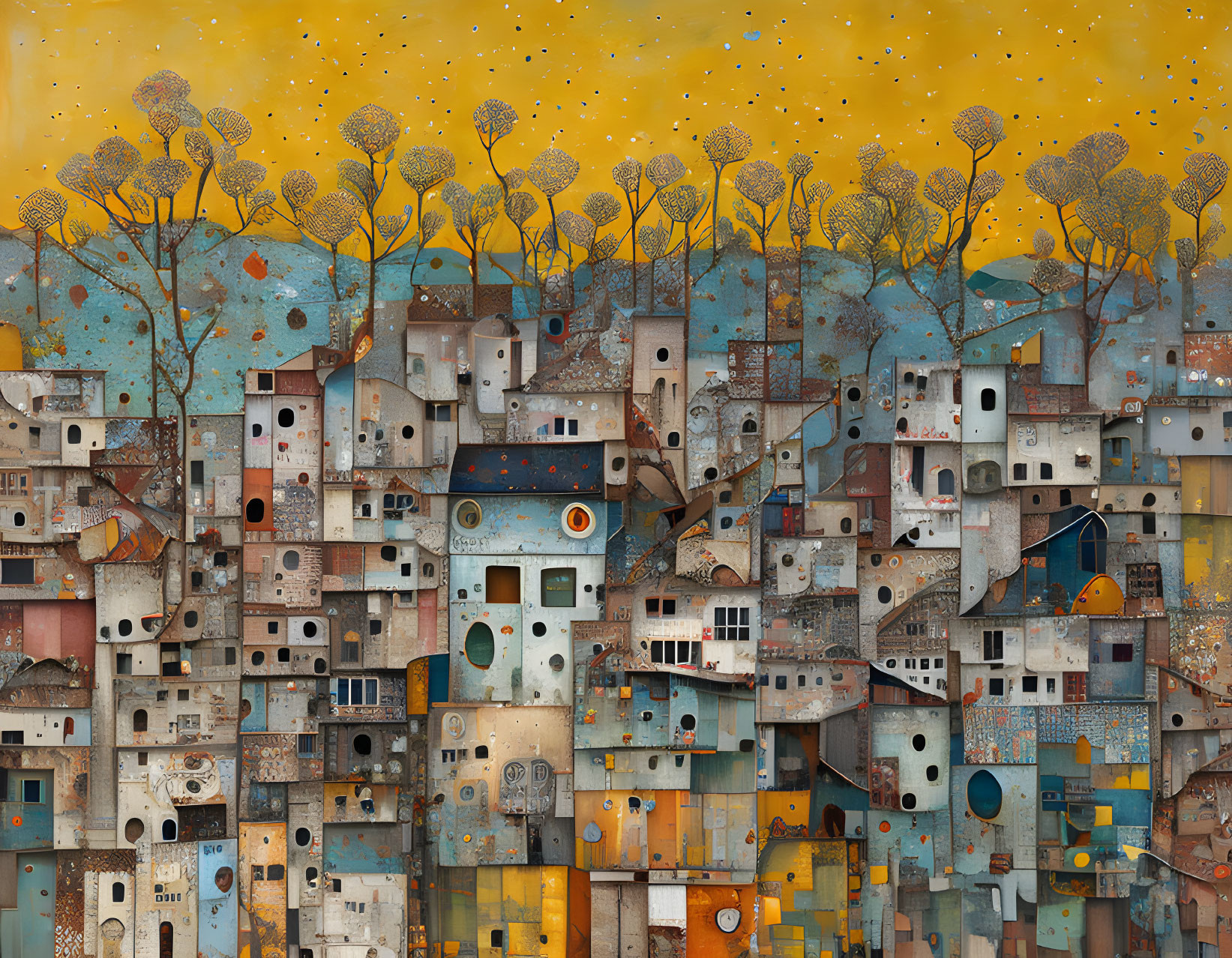 Colorful painting of whimsical village under star-speckled sky