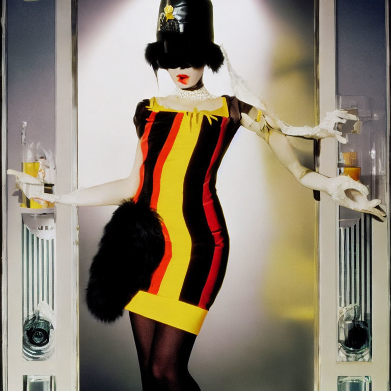 Woman in Bold Striped Dress with Fur Piece and Black Hat Between Lighted Display Cases