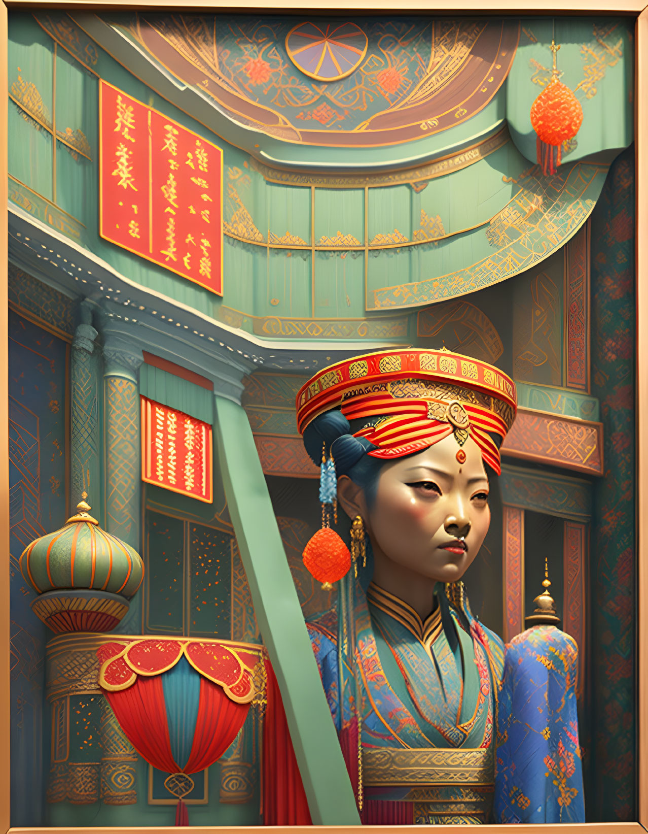 Regal woman in traditional East Asian attire with intricate patterns and red tassel accessories in palace interior.