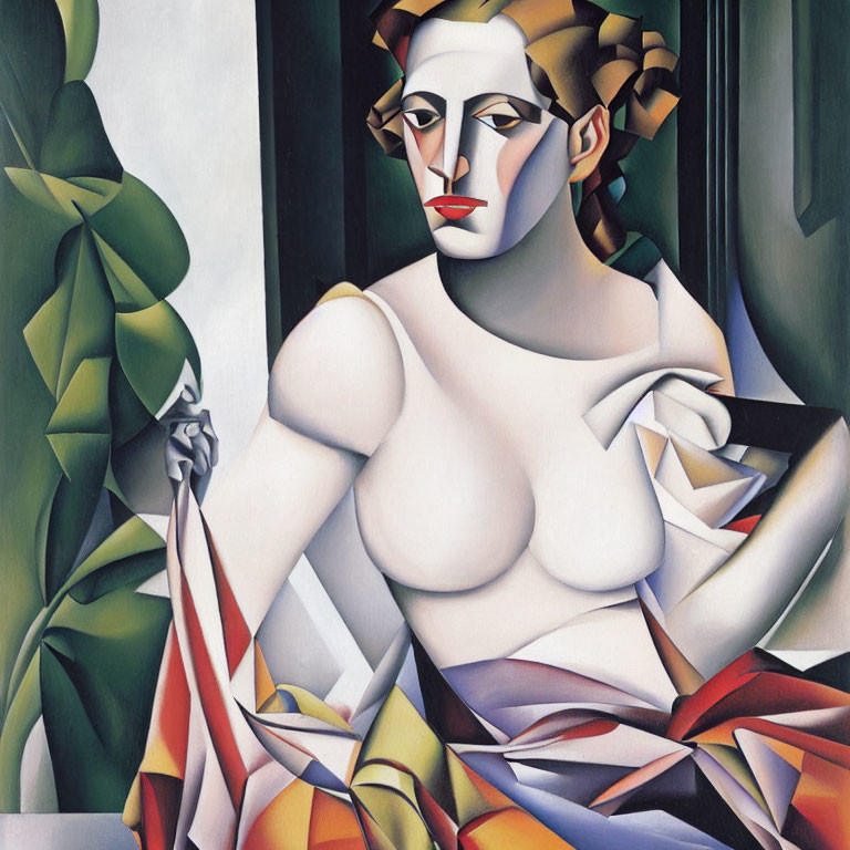 Abstract Cubist Painting of Seated Female Figure in Whites, Greens, Reds, and Yellows
