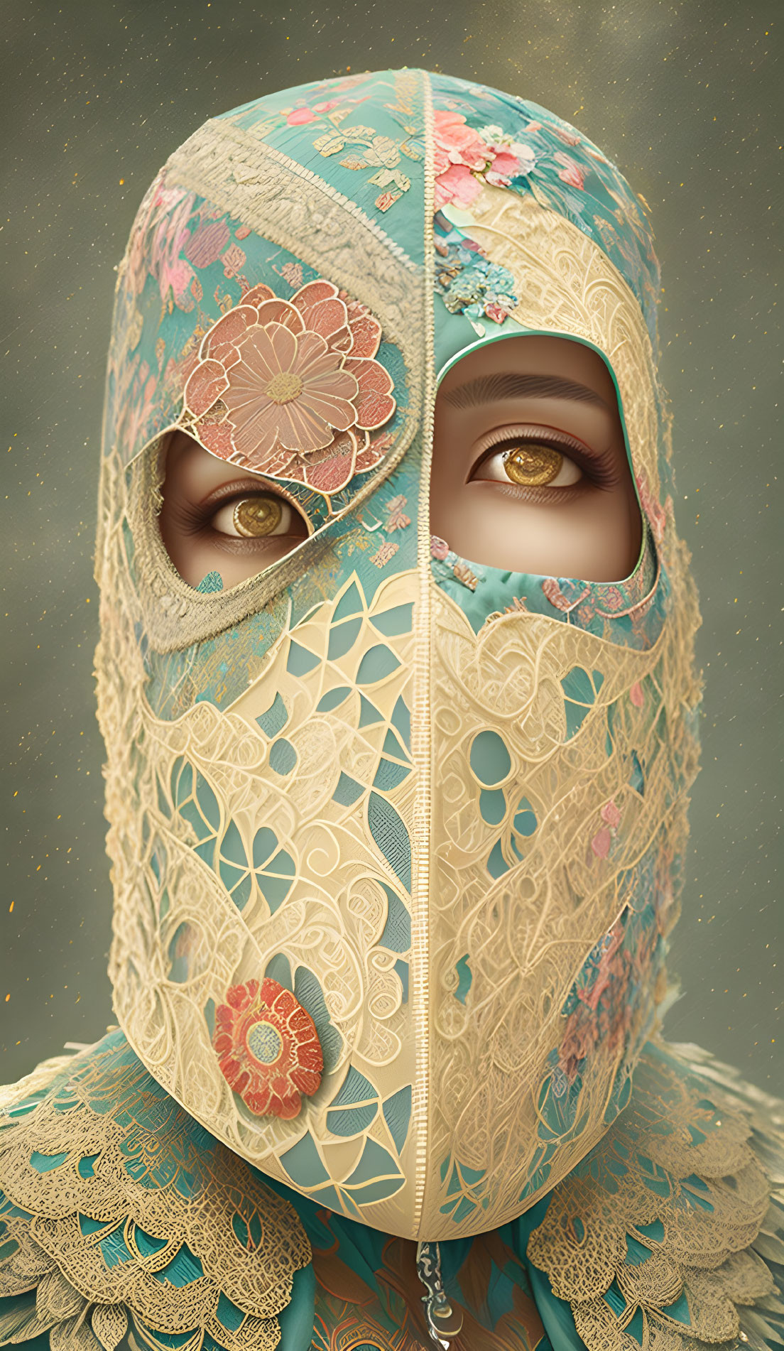 Digital Artwork: Person in Ornate Floral Mask on Beige Background