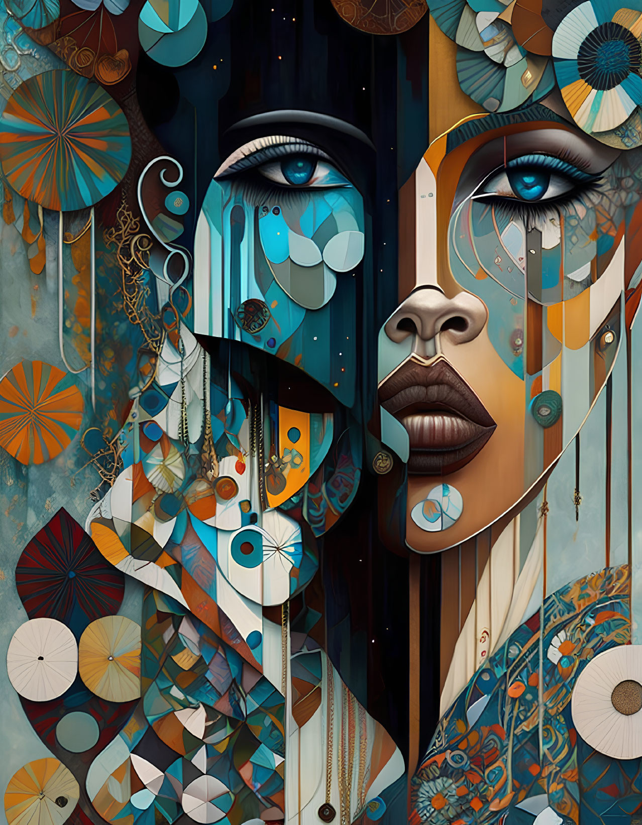 Colorful digital artwork of woman's face with geometric patterns and rich colors