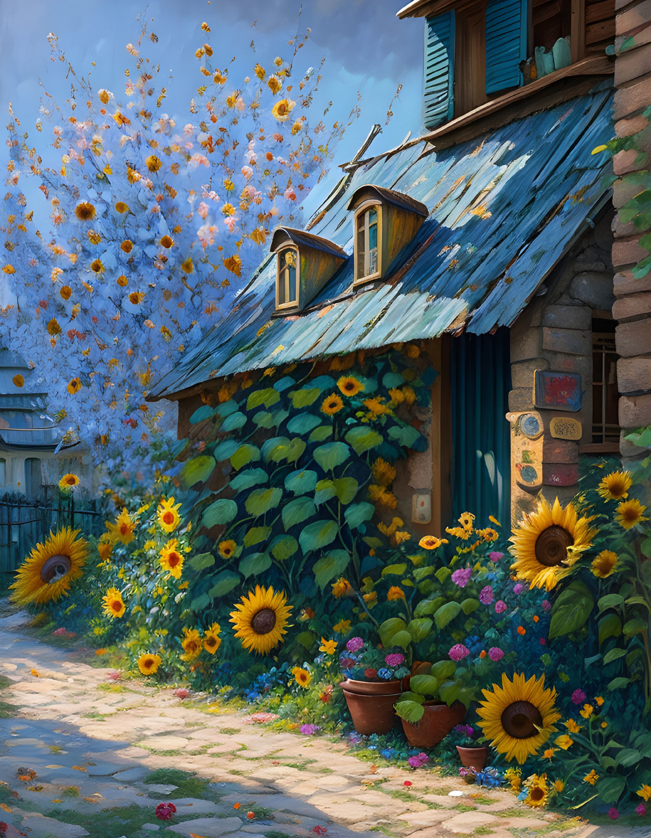 Shed at the Montmartre with sunflower