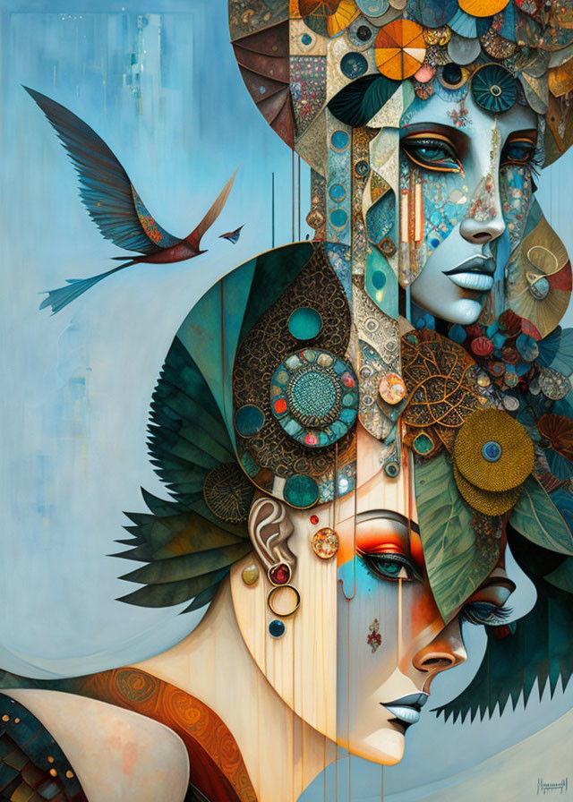 Vibrant surreal portrait of woman with geometric headdress and bird.