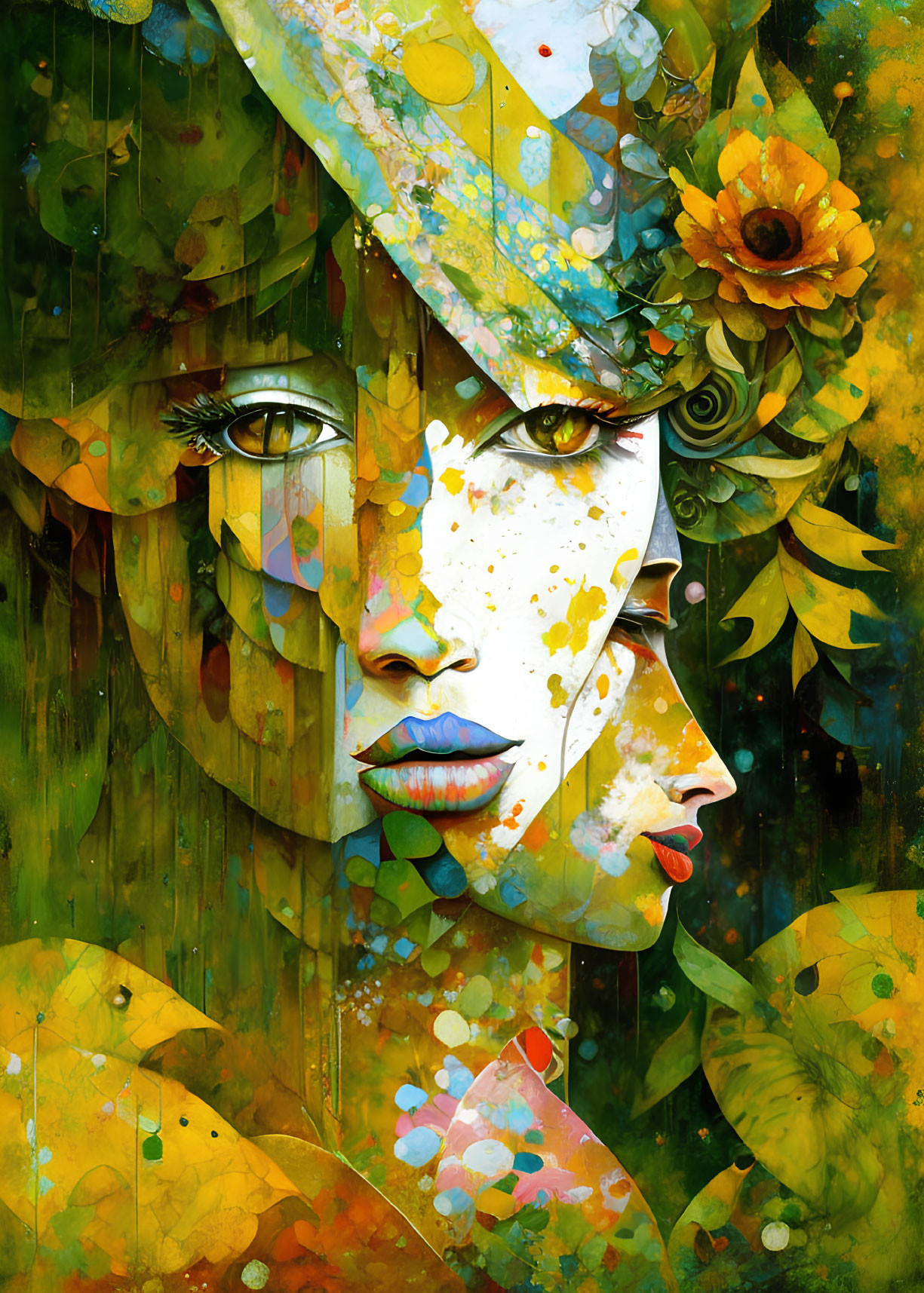Colorful autumn leaves merge with woman's face in vibrant illustration