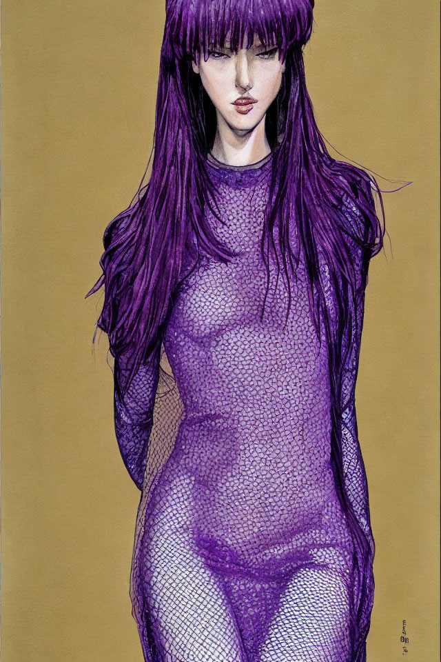 Purple-Haired Woman in Tight Bodysuit on Tan Background
