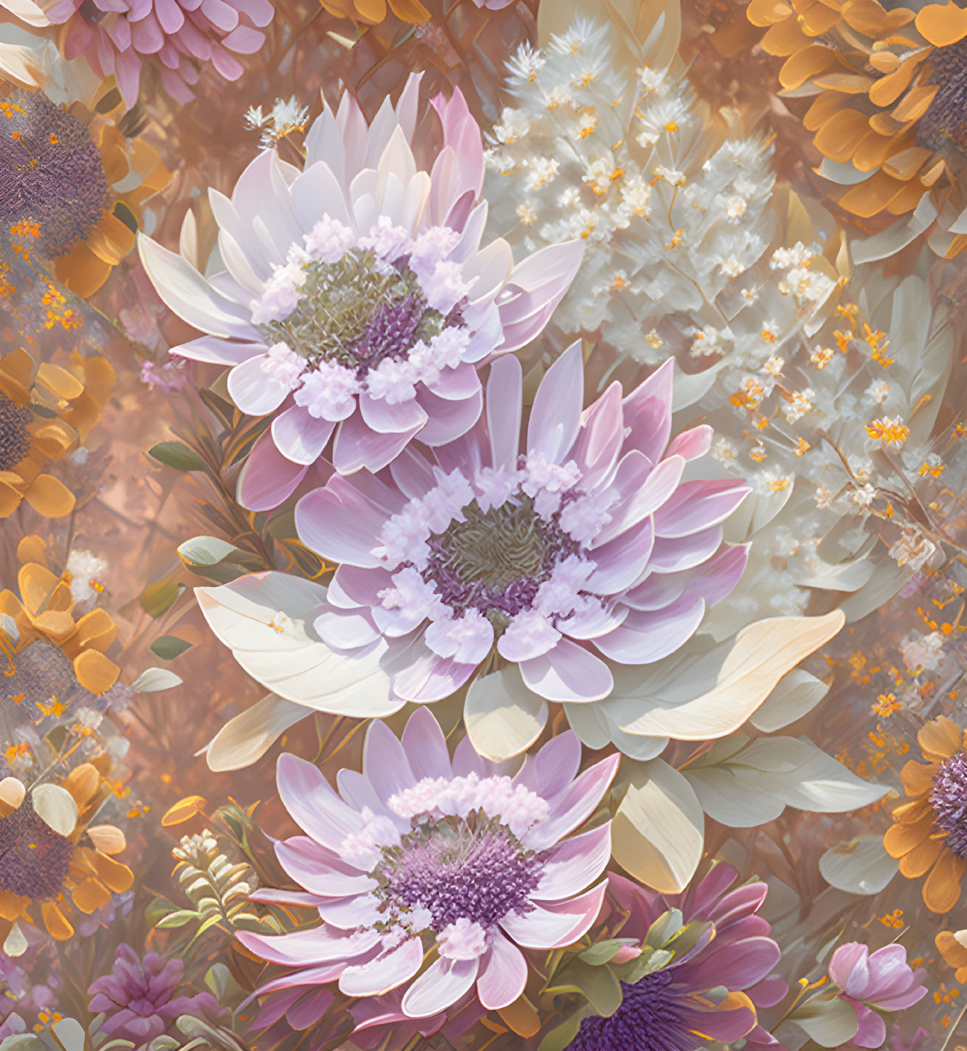 Layered Purple and White Floral Pattern with Orange Blooms