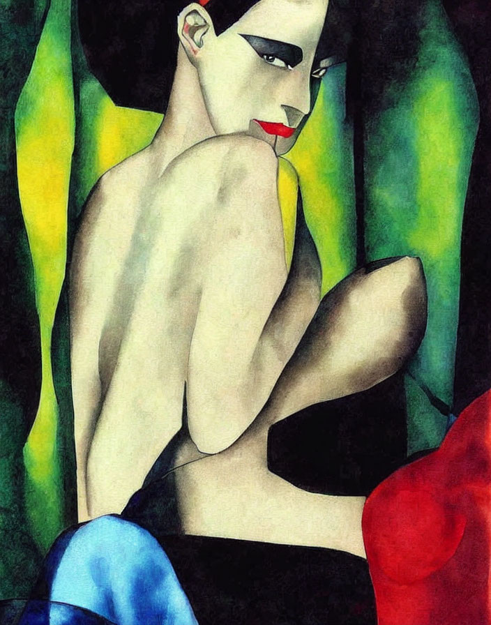 Stylized painting of person with pale skin and dark eye makeup