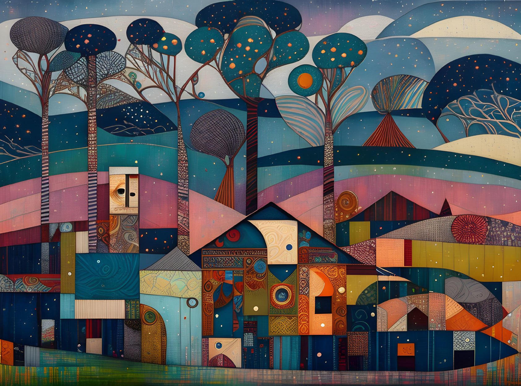 Colorful stylized artwork: Whimsical houses, patterned trees, starry night sky