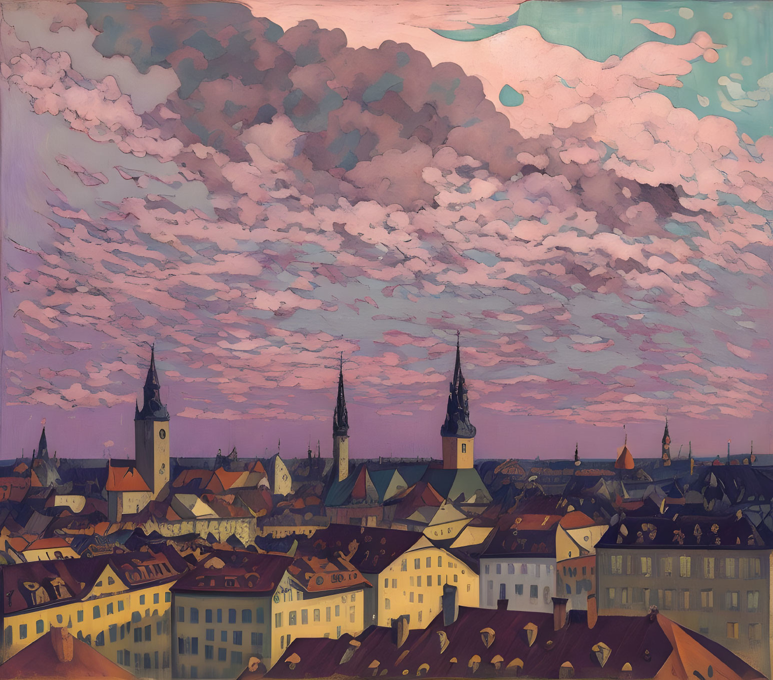 Cityscape painting at dusk with steeples under colorful sky.