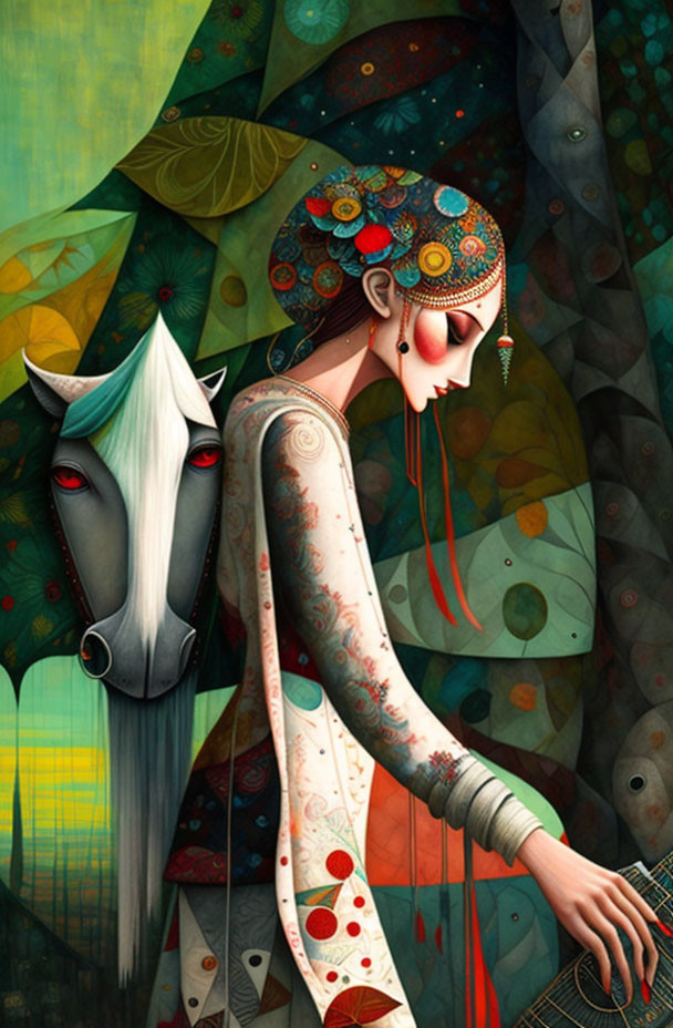 Whimsical woman and horse in stylized art scene