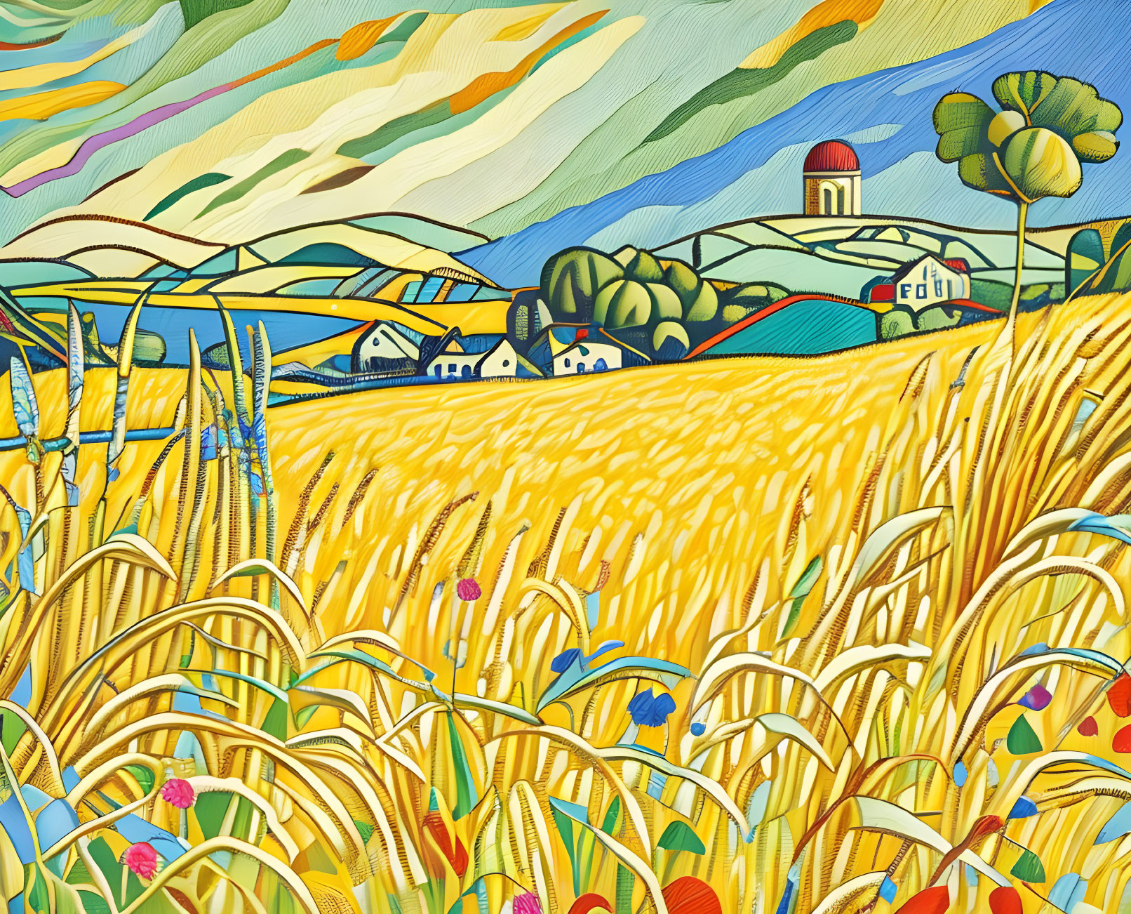 Colorful artwork of wheat field and countryside landscape under swirling sky