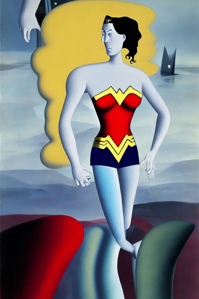 Stylized painting of a woman in red and blue costume with gold emblem